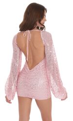 Sequin Open Back Long Sleeve Dress in Blue
